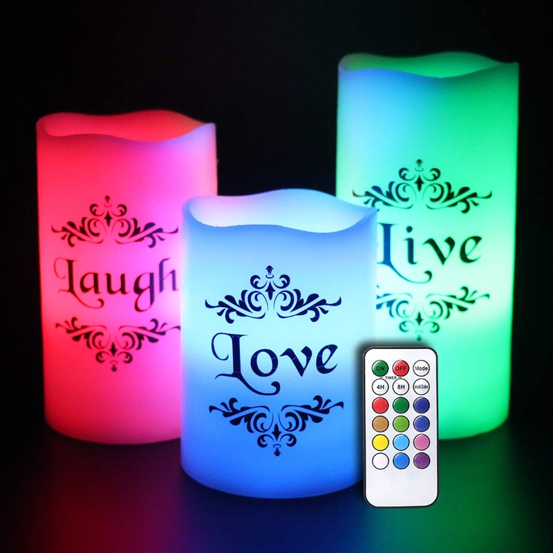 DRomance Color Changing LED Flameless Candles with 18-Key Remote and Timer, Live Love Laugh Decals Battery Operated LED Flickering Pillar Candles Dinner Wedding Decor 3 x 4, 5, 6 - Image 1